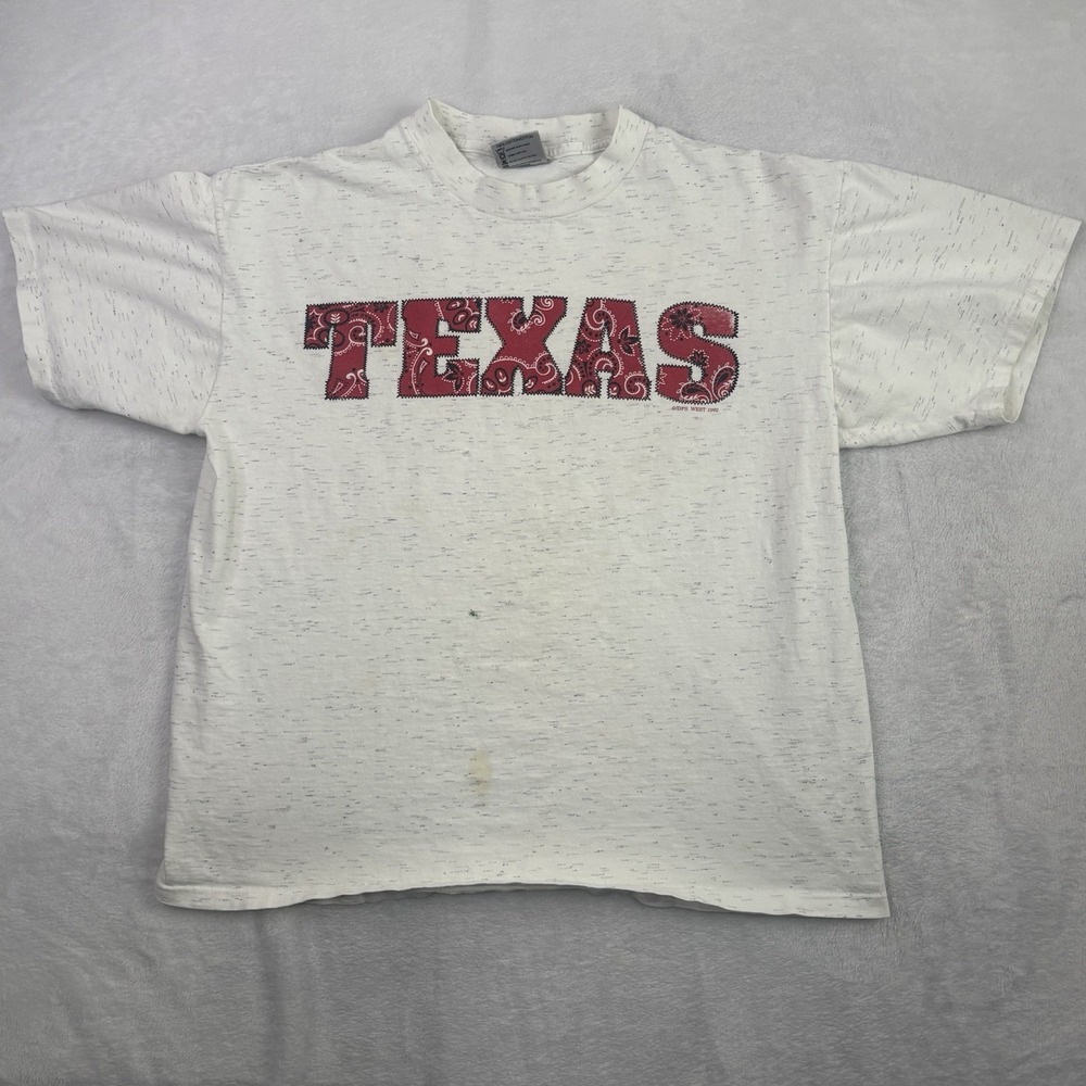 VTG 1992 Oneita Texas Grey Red Paisley SS Graphic Shirt Men's Large Stains